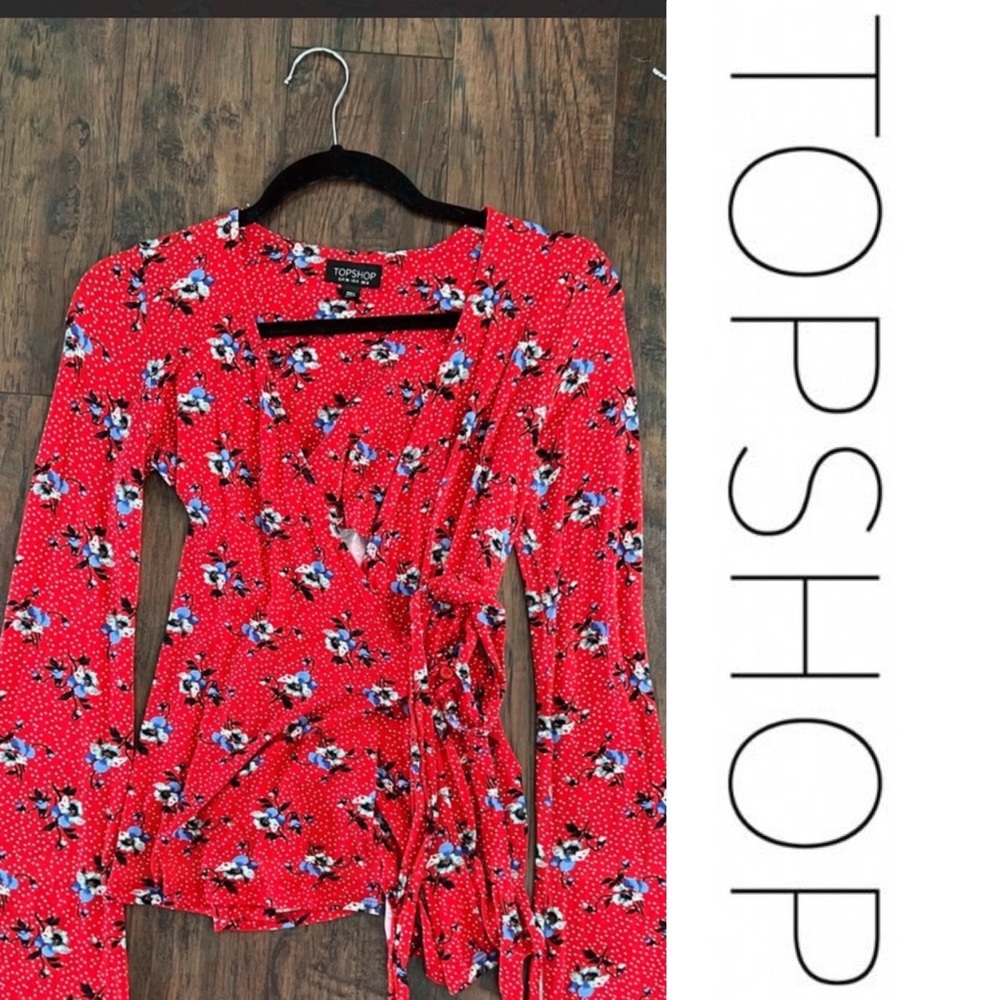 0195|Like New |TopShop |Floral Wrap Top/Blouse |Size 4 |Red |Flowy sleeves| 🇺🇸